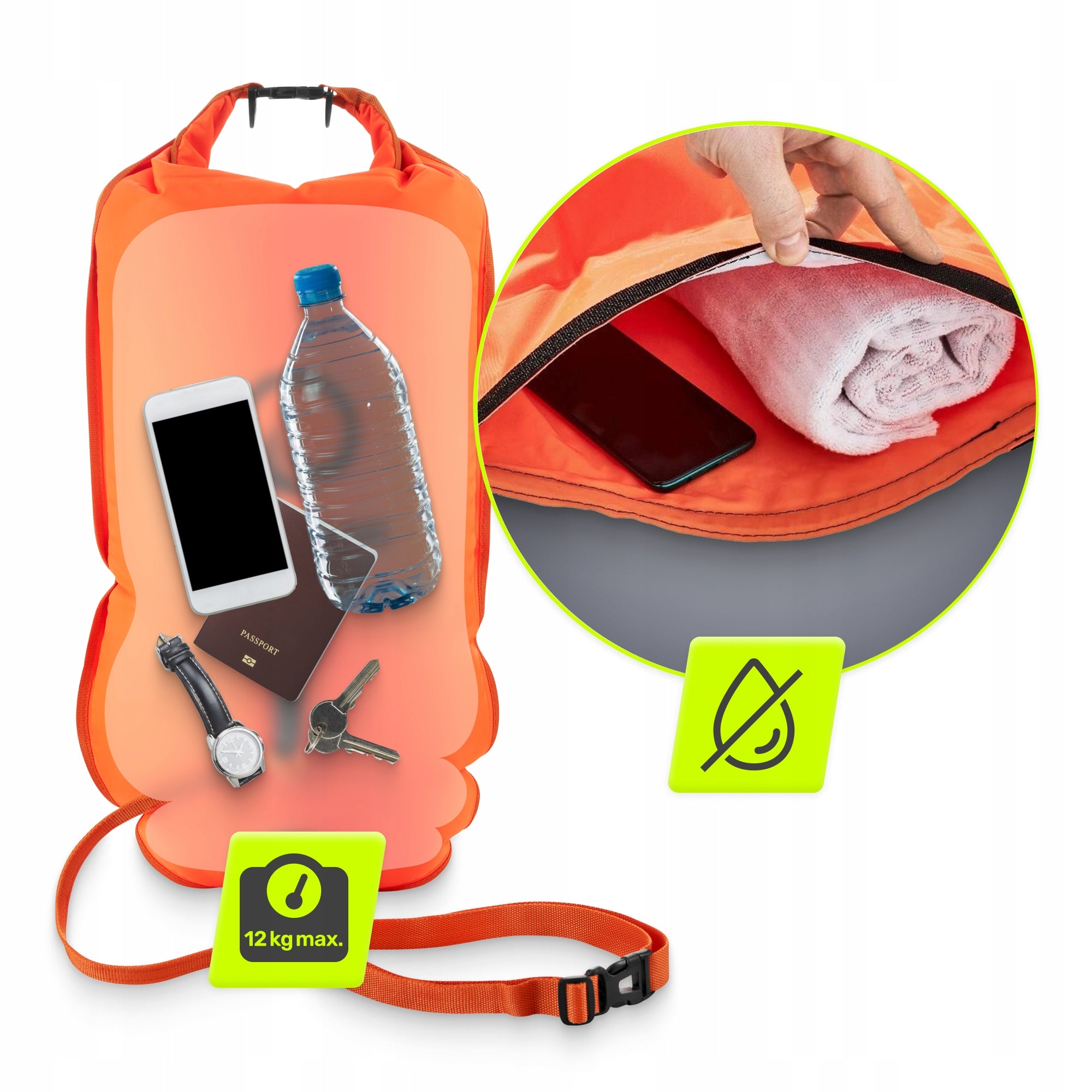SAFETY BUOY INFLATABLE BUOY FOR SWIMMING DRY POCKET 2IN1 TSUNAMI Manufacturer code Bojka dmuchana PRO pomarańczowa