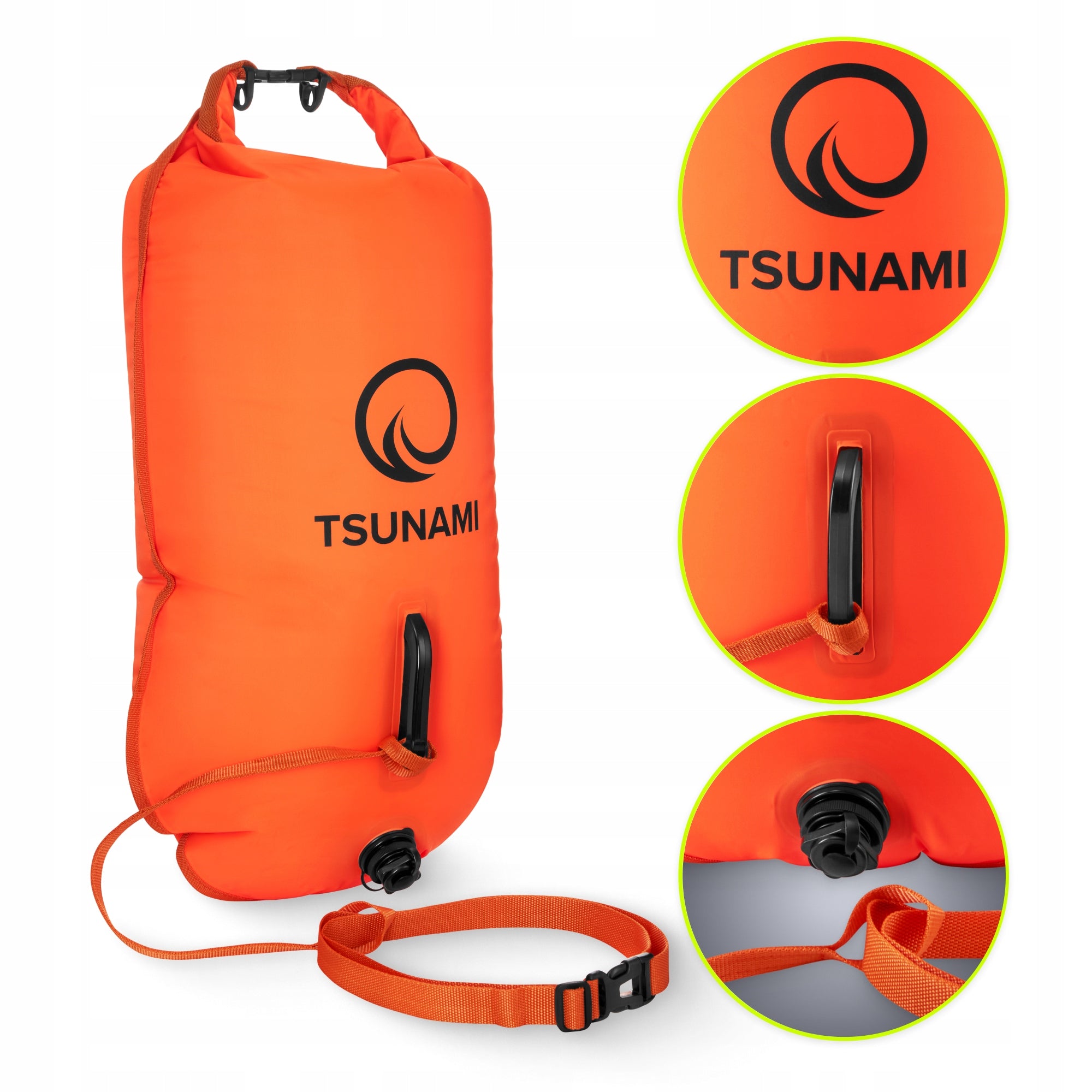SAFETY BUOY INFLATABLE BUOY FOR SWIMMING DRY POCKET 2IN1 TSUNAMI Model Bojka dmuchana PRO z kieszenią pomarańczowa