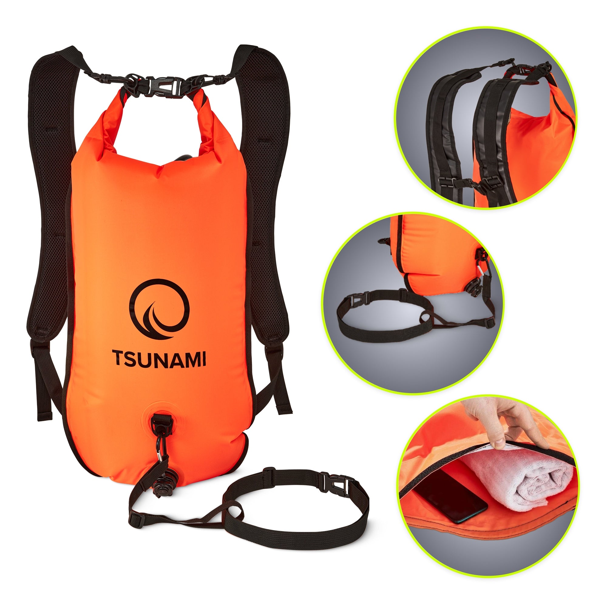 SAFETY BUOY INFLATABLE FOR SWIMMING DRY POCKET SUSPENDERS 3IN1 TSUNAMI Brand Tsunami