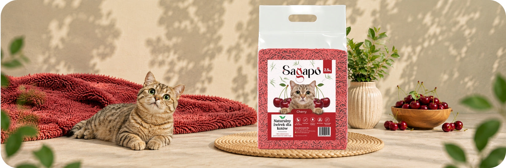 SAGAPO Organic Super Clumping Tofu Litter for Cat Cherry 2,5kg Trade name SAGAPO Ekologiczny Super Zbrylający Żwirek Tofu dla Kota Wiśnia 2,5kg