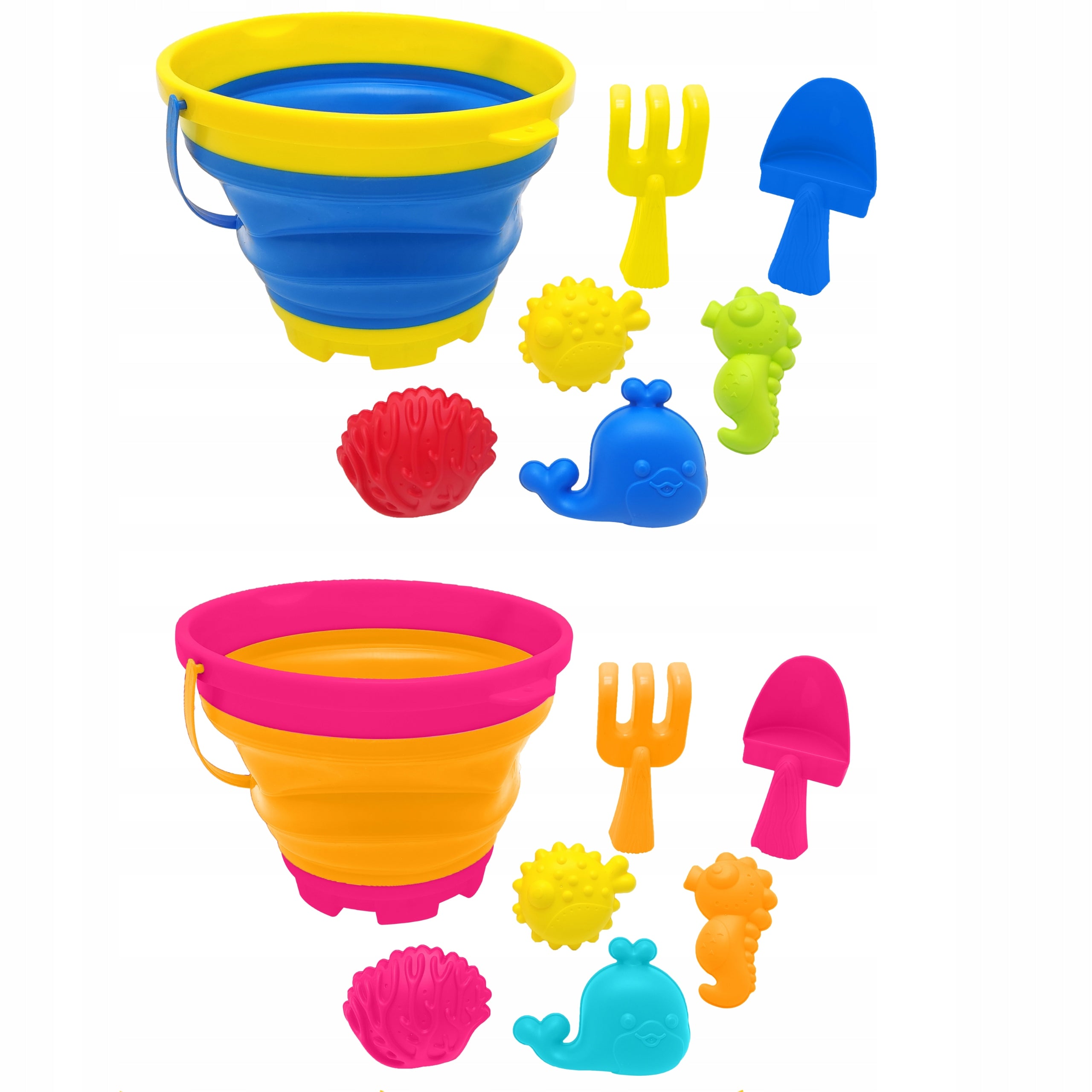 SAND TOY SET COLORFUL BUCKET FOLDING MOLDS SPATULA RAKE Manufacturer code 6063032093