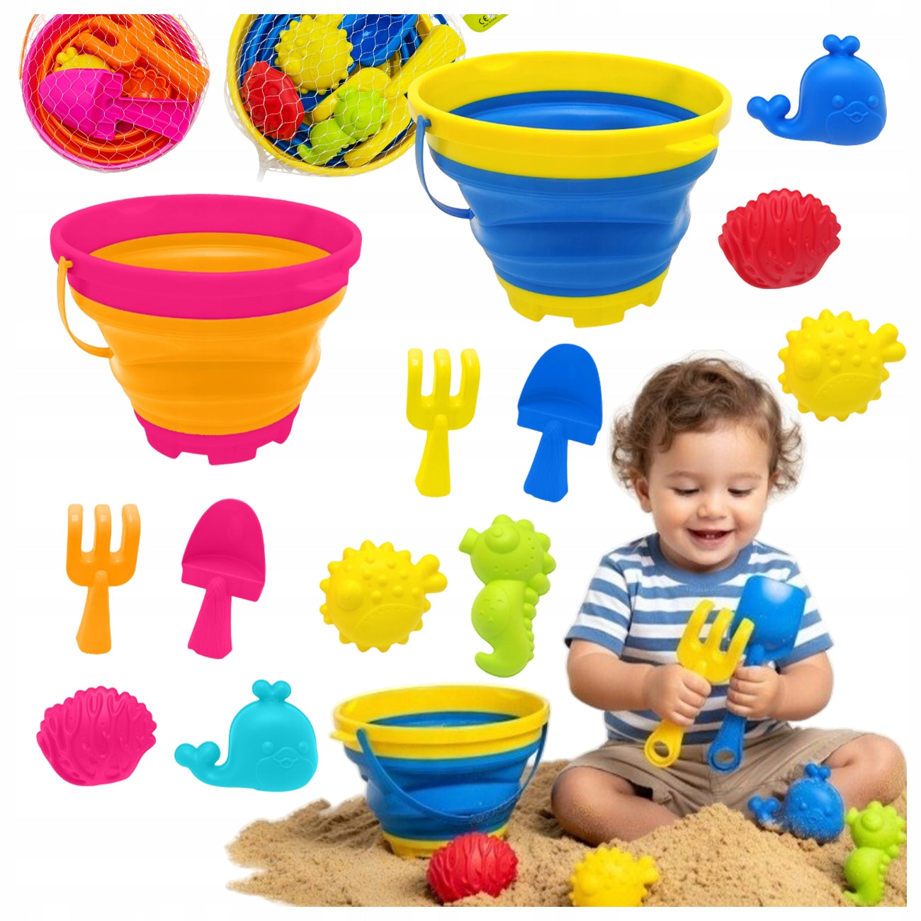 SAND TOY SET COLORFUL BUCKET FOLDING MOLDS SPATULA RAKE