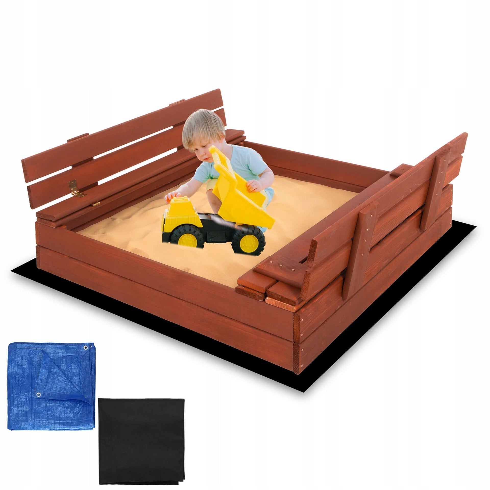SANDBOX 100x100 cm WOODEN IMPREGNATED FOLDING WITH PREMIUM BENCHES