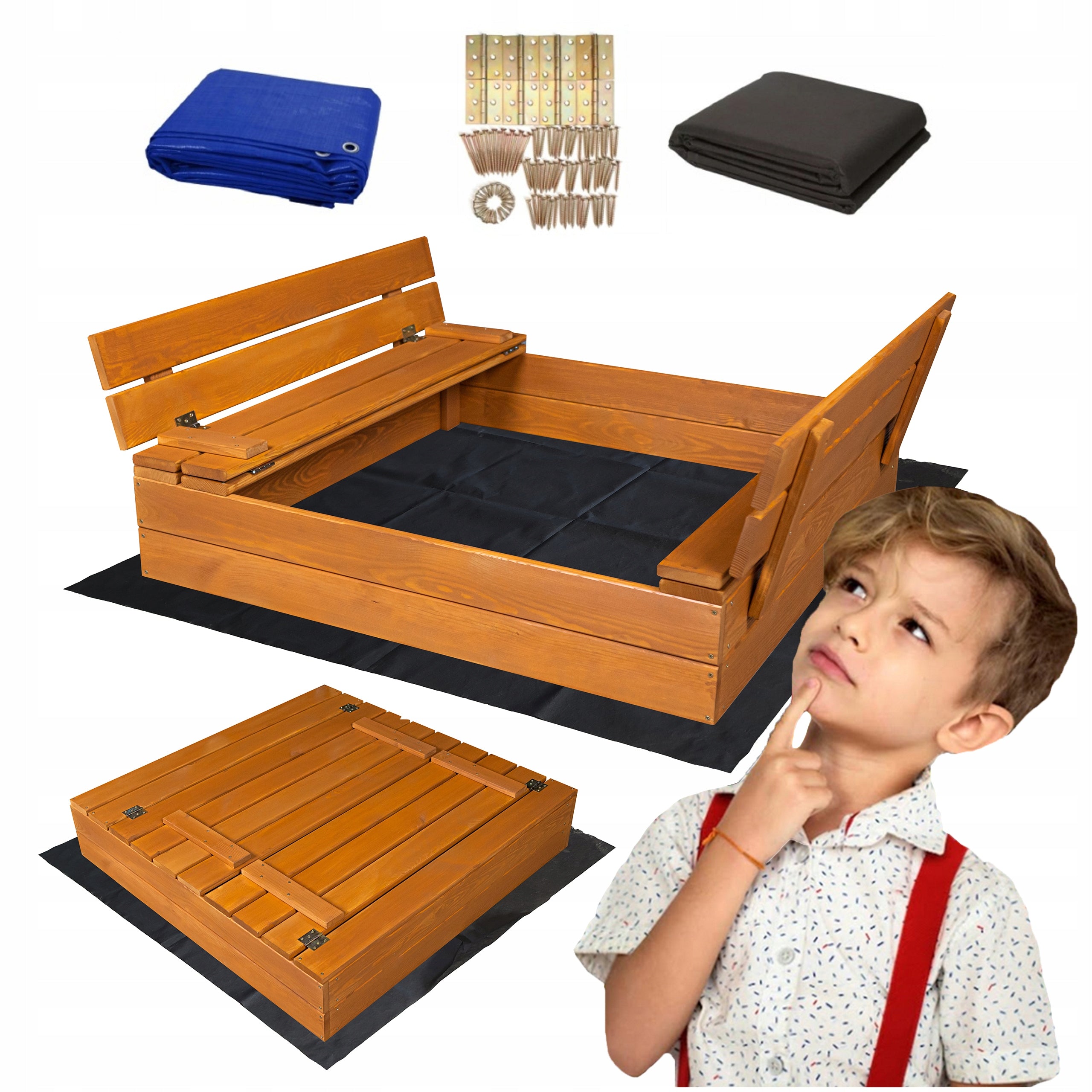 SANDBOX IMPREGNATED WOODEN CLOSED WITH BENCHES 100x100cm + FREEBIES!