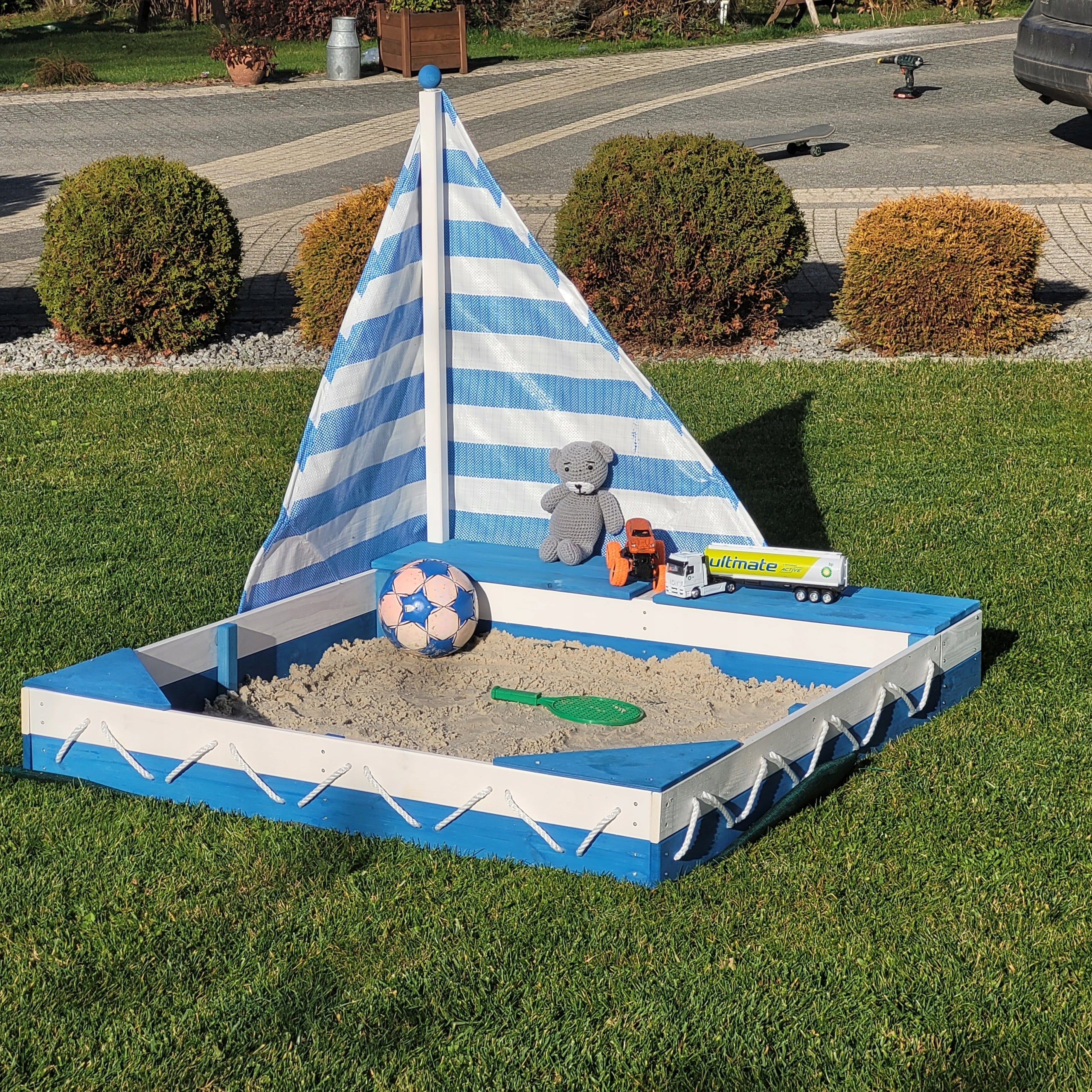 SANDBOX WOODEN LARGE FOR CHILDREN SAILBOAT WITH BENCHES BLUE AND WHITE Brand no brand