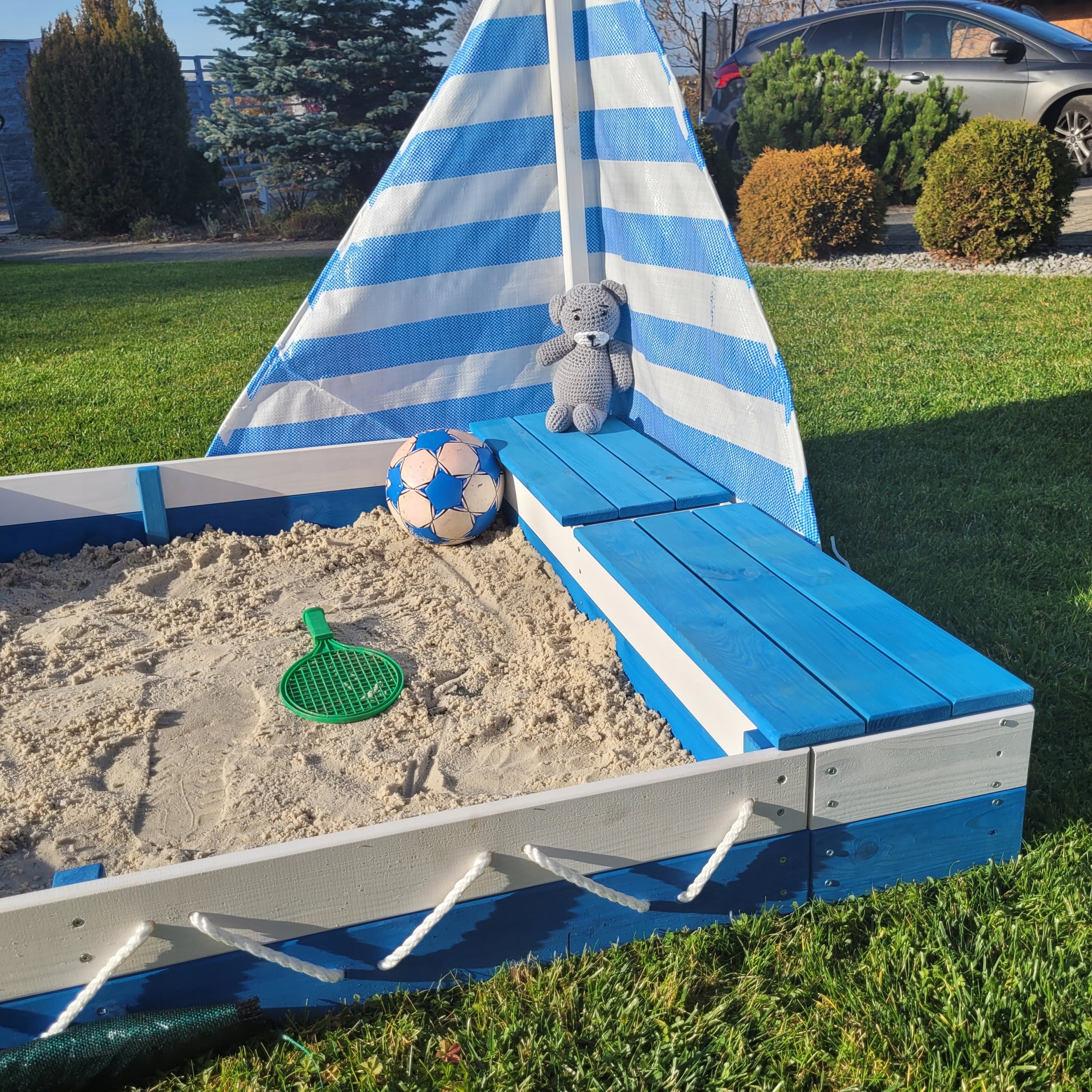 SANDBOX WOODEN LARGE FOR CHILDREN SAILBOAT WITH BENCHES BLUE AND WHITE Kid's age 2+ years