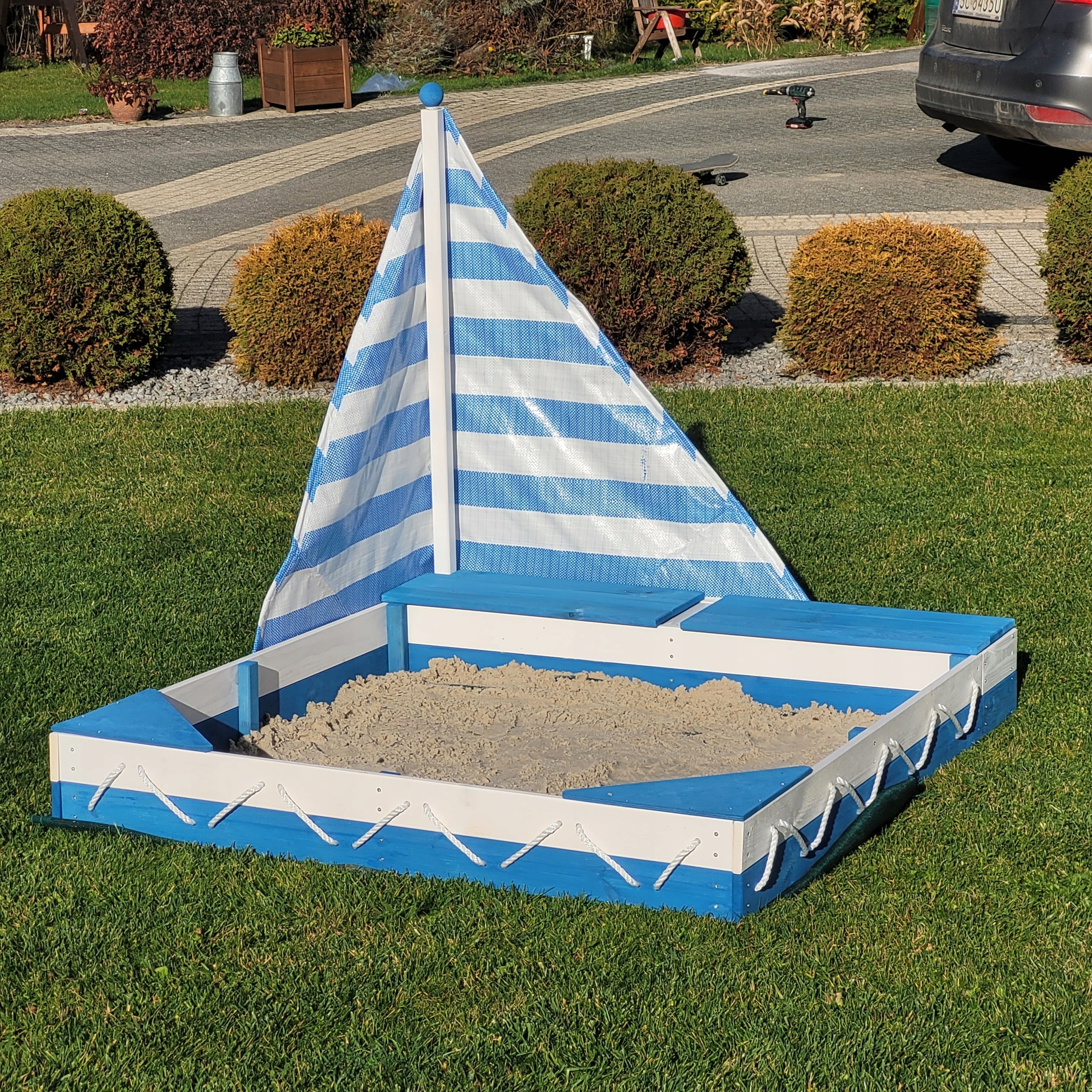 SANDBOX WOODEN LARGE FOR CHILDREN SAILBOAT WITH BENCHES BLUE AND WHITE Packaging status original