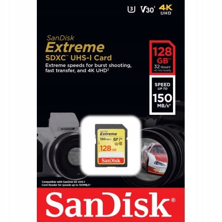 SANDISK 128GB SD SDXC Class 10 EXTREME 150MBs UHS-I U3 V30 memory card Packaging status original