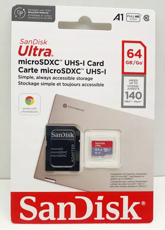 SANDISK ULTRA MICROSDXC CARD 64GB + SD ADAPTER, UP TO 140 MB/S, CHROMEBOOK COMPATIBLE