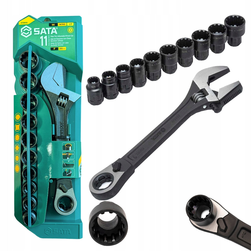 SATA 09000 Adjustable wrench 8 pipes through ratchet 10 SOCKETS