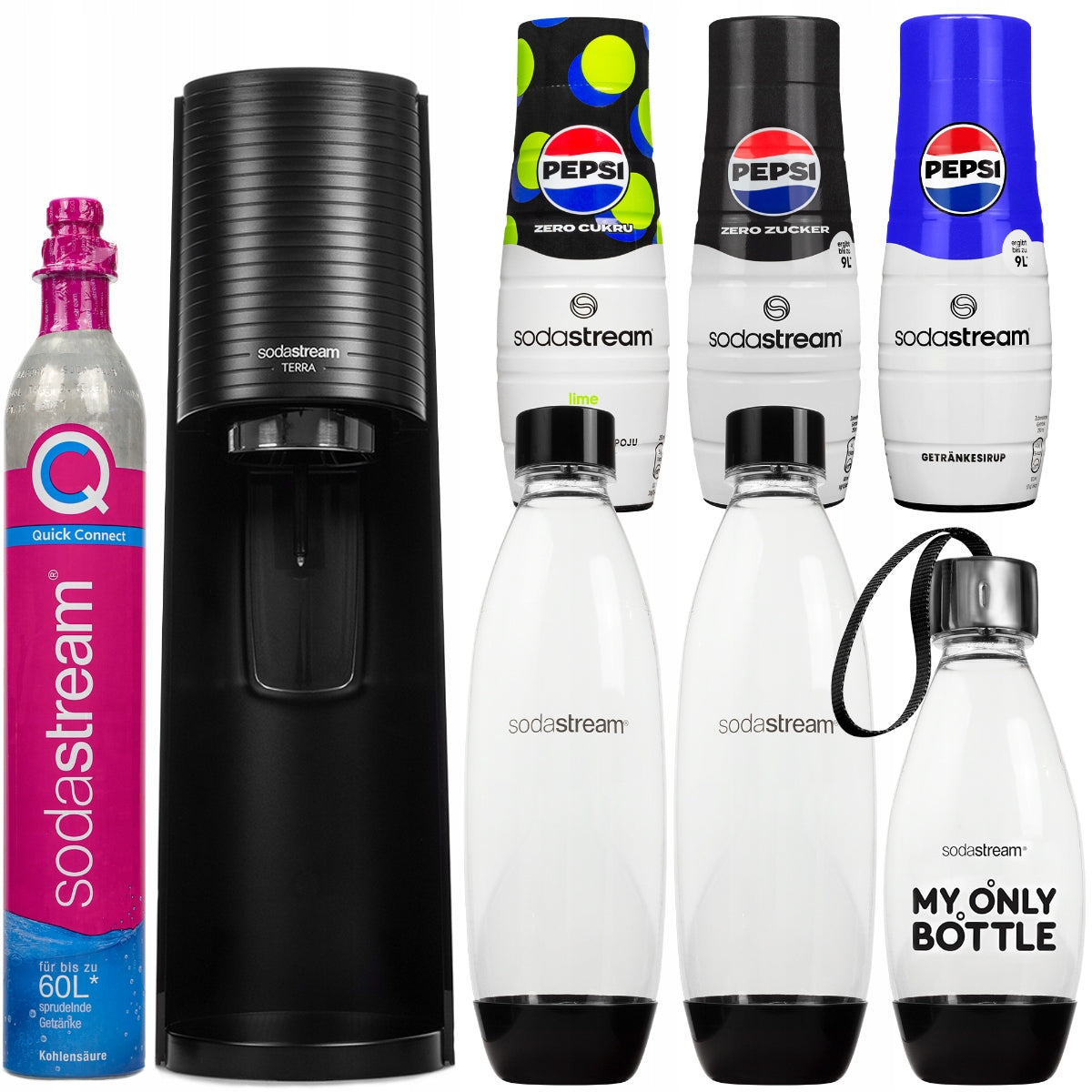 SATURATOR SODA STREAM TERRA SET OF 3 BOTTLES + 3 SYRUPS CONCENTRATES PEPSI