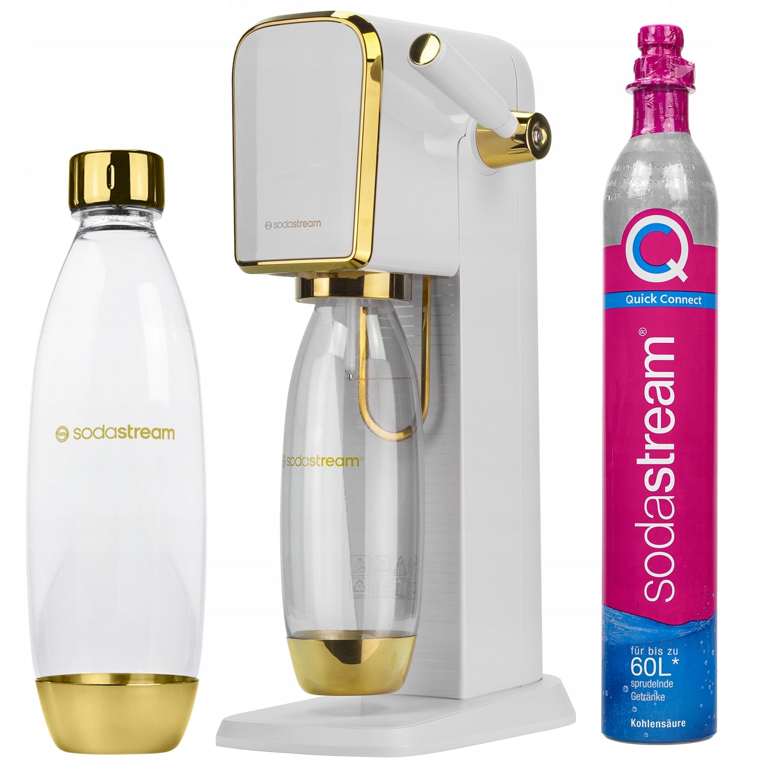 SATURATOR SODASTREAM ART WHITE AND GOLD + BOTTLE + CARTRIDGE FOR GASSING WATER