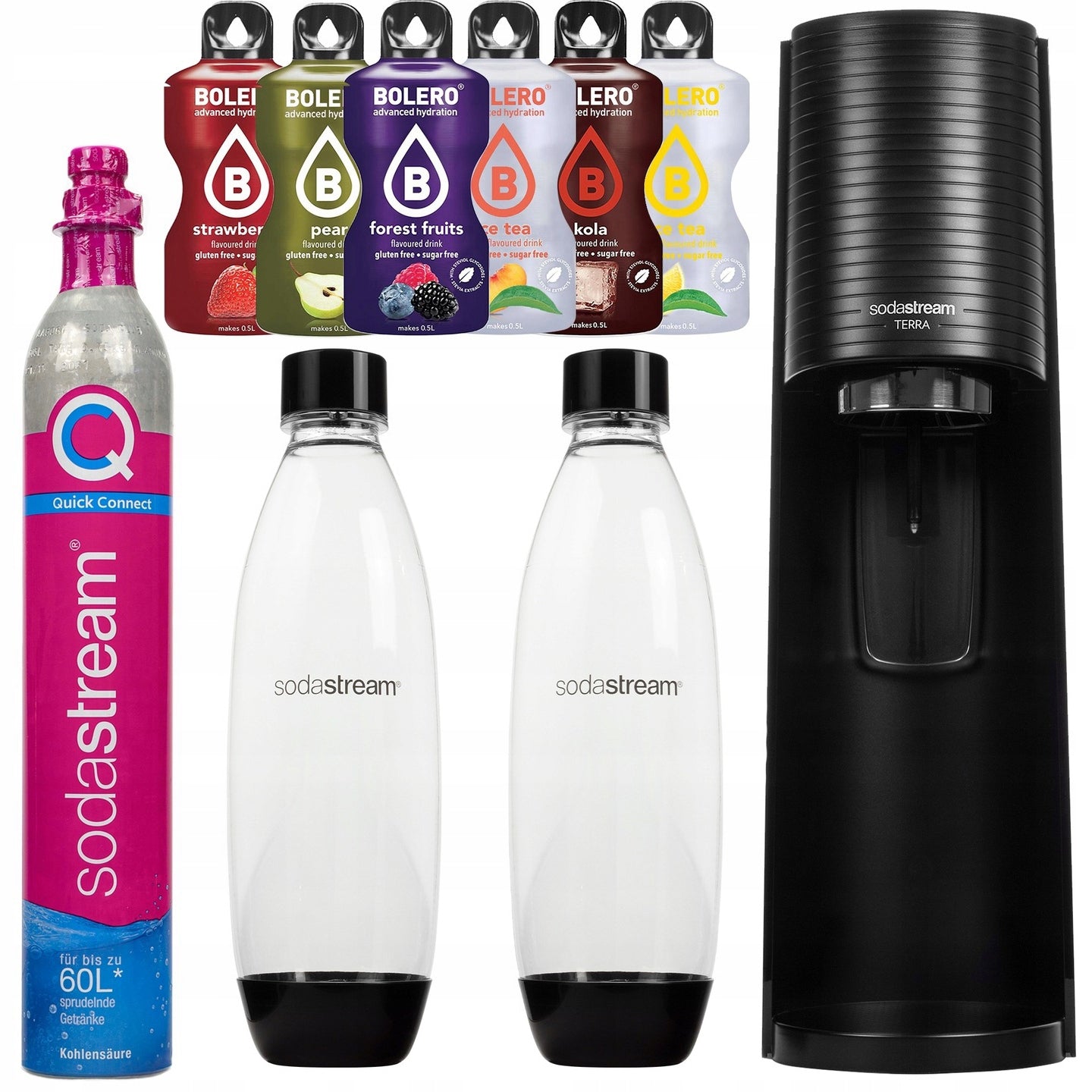 SATURATOR SODASTREAM TERRA BLACK + 2 BOTTLES SPARKLING WATER MAKER