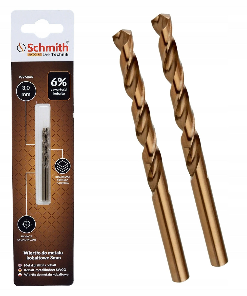 SCHMITH Cobalt Cast Iron Steel Metal Drill Bit 3 mm 2 Pack SWCO-3,0