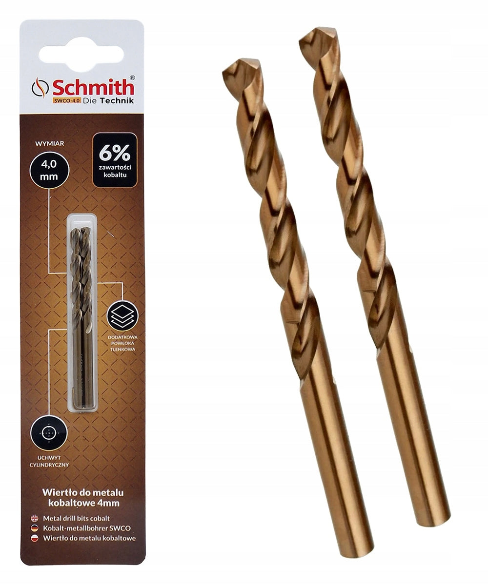 SCHMITH Cobalt Cast Iron Steel Metal Drill Bit 4 mm HSS-Co 2pcs SWCO-4,0