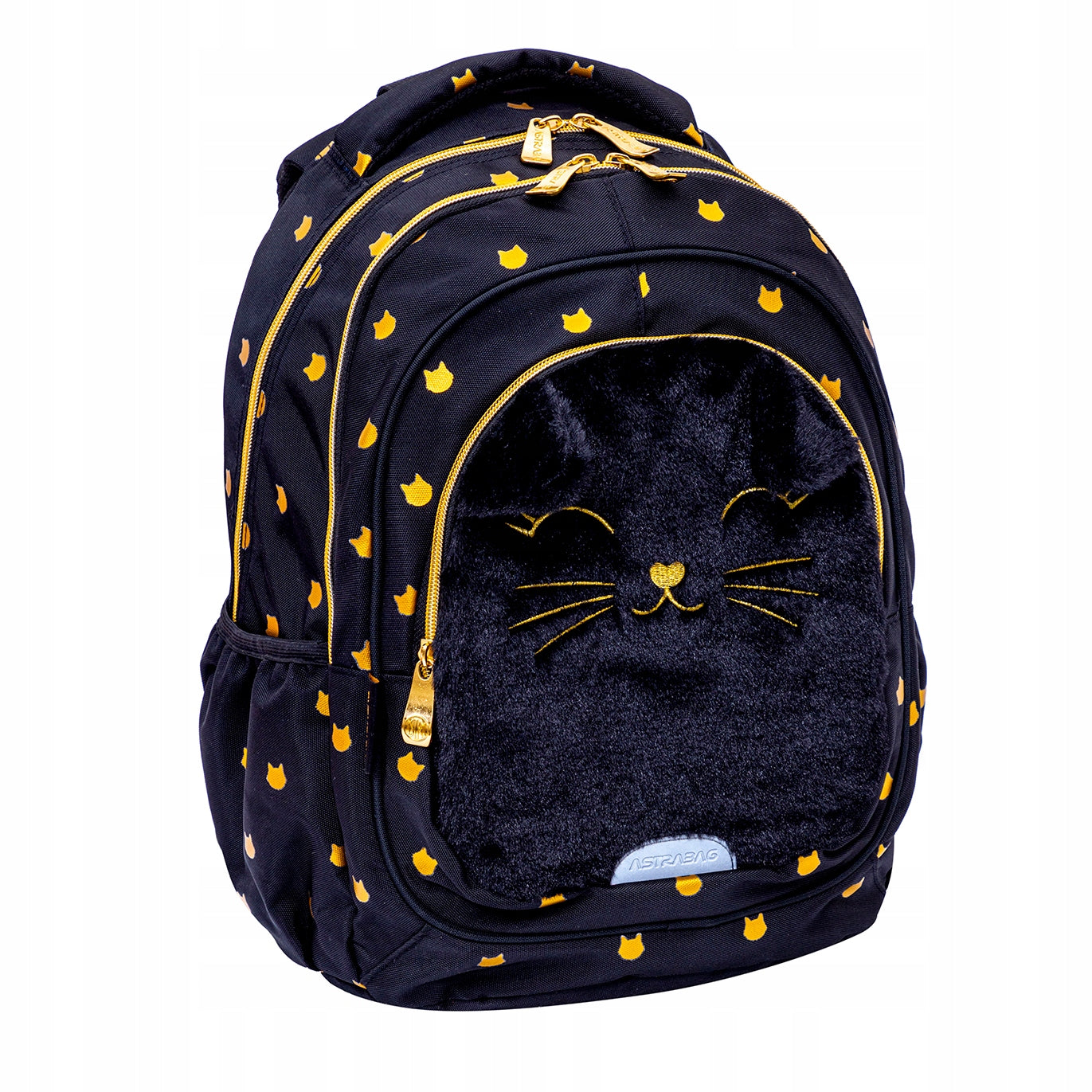 SCHOOL BACKPACK 3 COMPARTMENT FLUFFY KITTY BLACK PLUSH CAT ASTRABAG