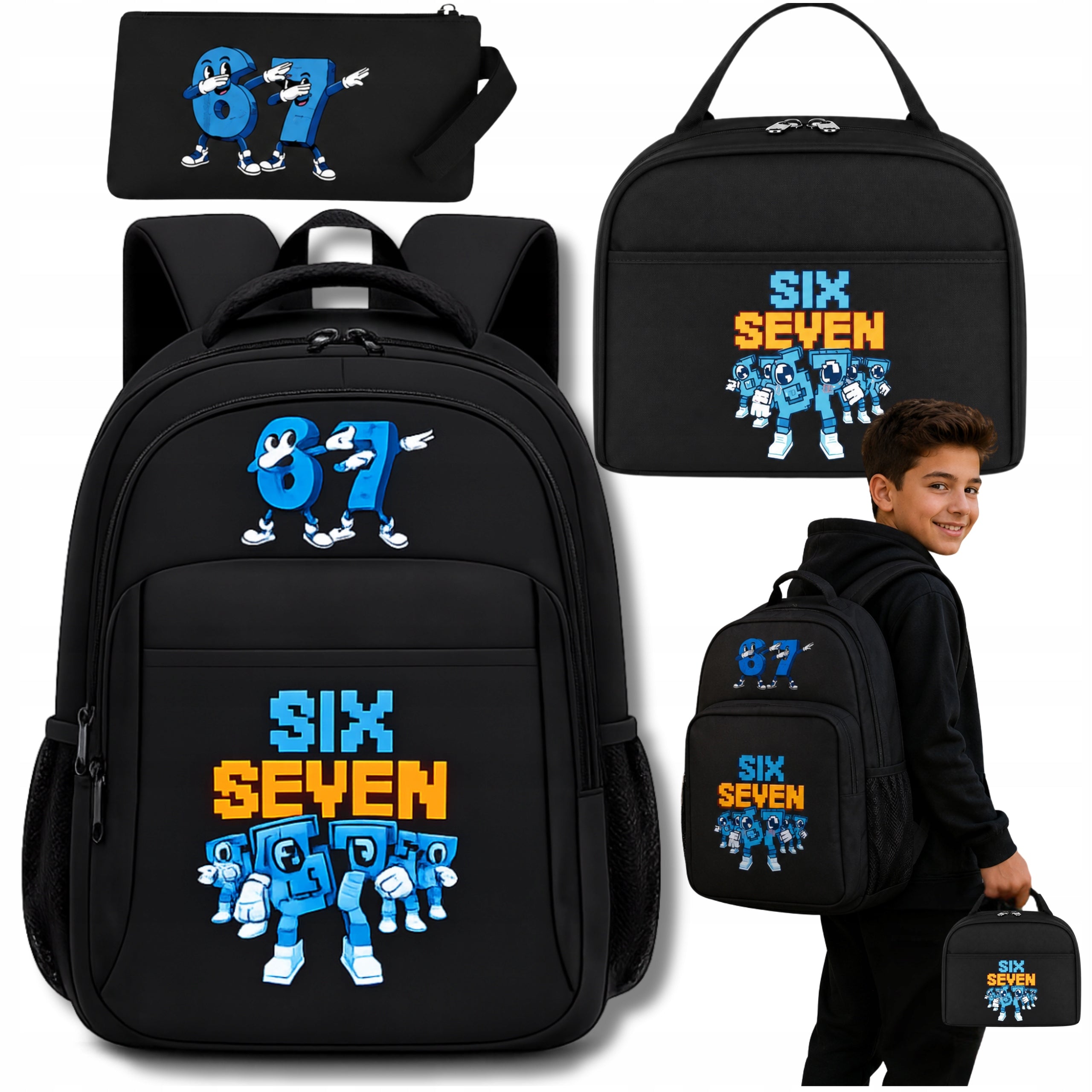 SCHOOL BACKPACK 67 SIX SEVEN FOR SCHOOL SATCHEL LUNCHBOX PENCIL CASE BLACK 3in1
