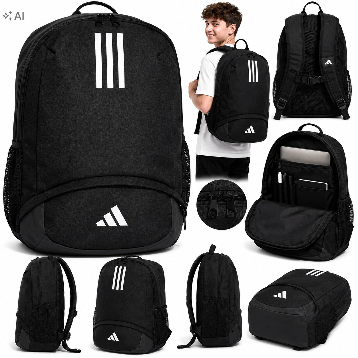 SCHOOL BACKPACK ADIDAS YOUTH BLACK SPORTS SCHOOL BACKPACKS LARGE TRIO