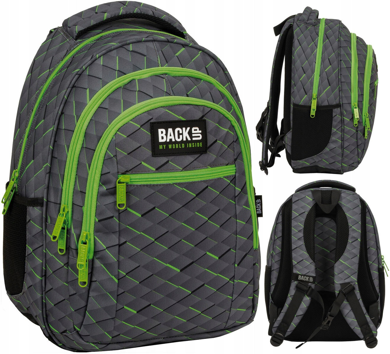 SCHOOL BACKPACK BACKUP 26L MULTI-CHAMBER 3D GREY GREEN O53