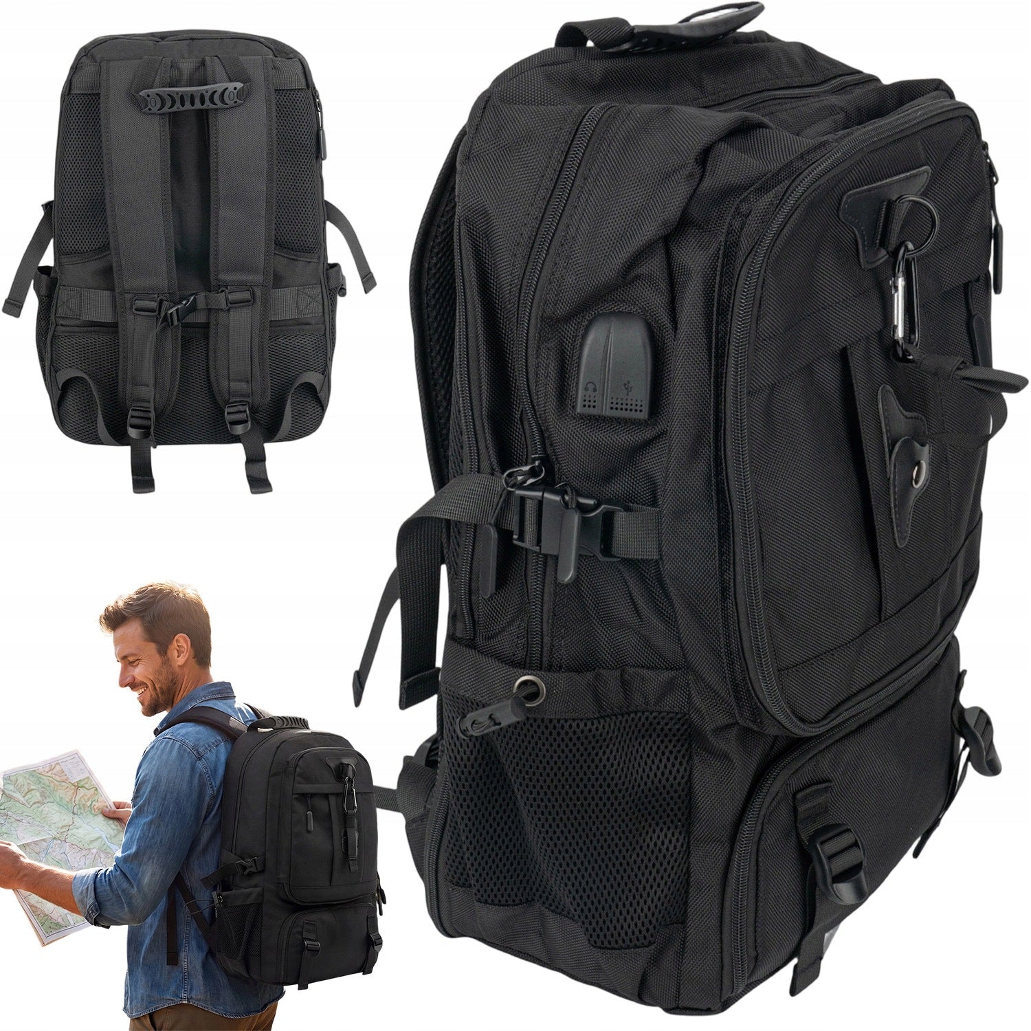 SCHOOL BACKPACK BLACK URBAN SPORTS ROOMY WATERPROOF FOR WORK 60L
