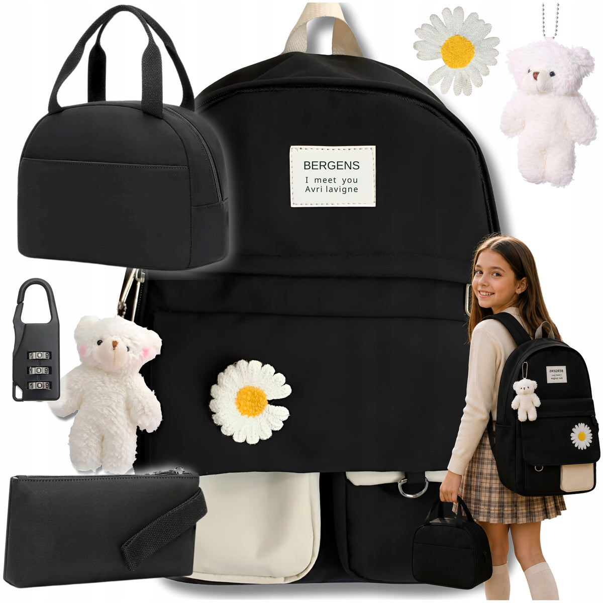SCHOOL BACKPACK BLACK YOUTH LUNCH BOX PENCIL CASE FOR SCHOOL SET KW1
