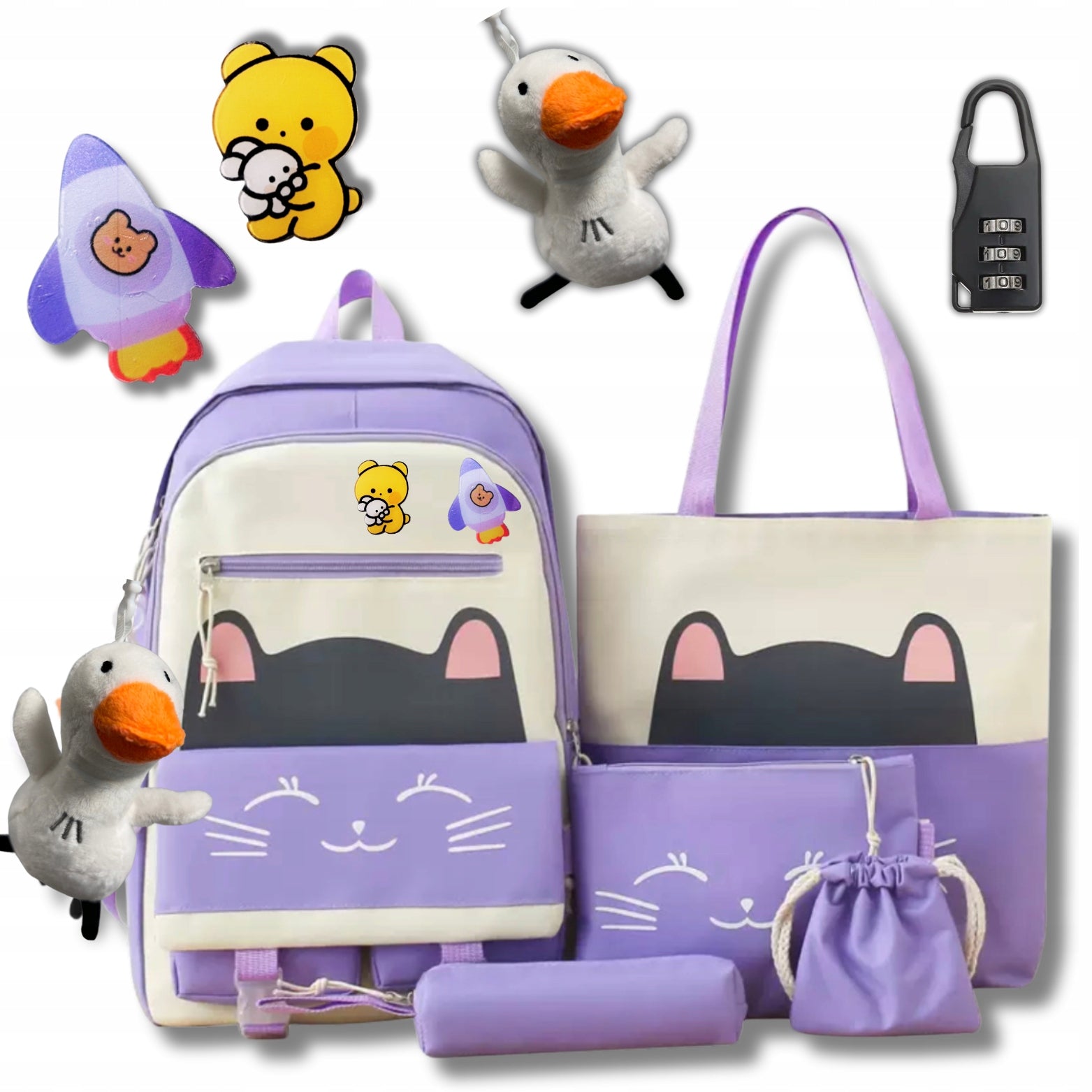 SCHOOL BACKPACK CAT KITTEN YOUTH PENCIL CASE BAG LARGE A4 SET 5in1