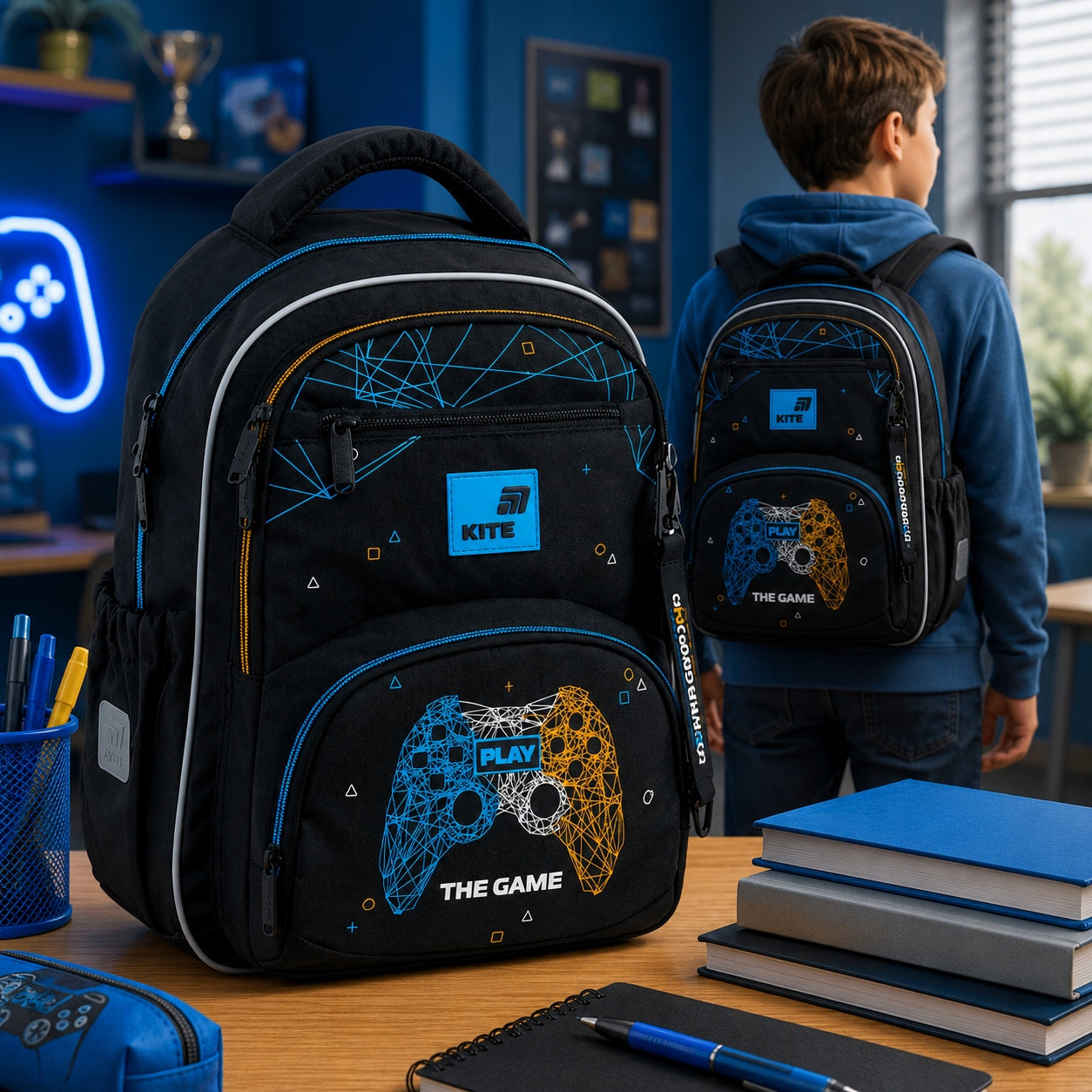 SCHOOL BACKPACK FOR BOYS KITE GAME BLACK WITH CHEST STRAP UP TO CLASS 1-5