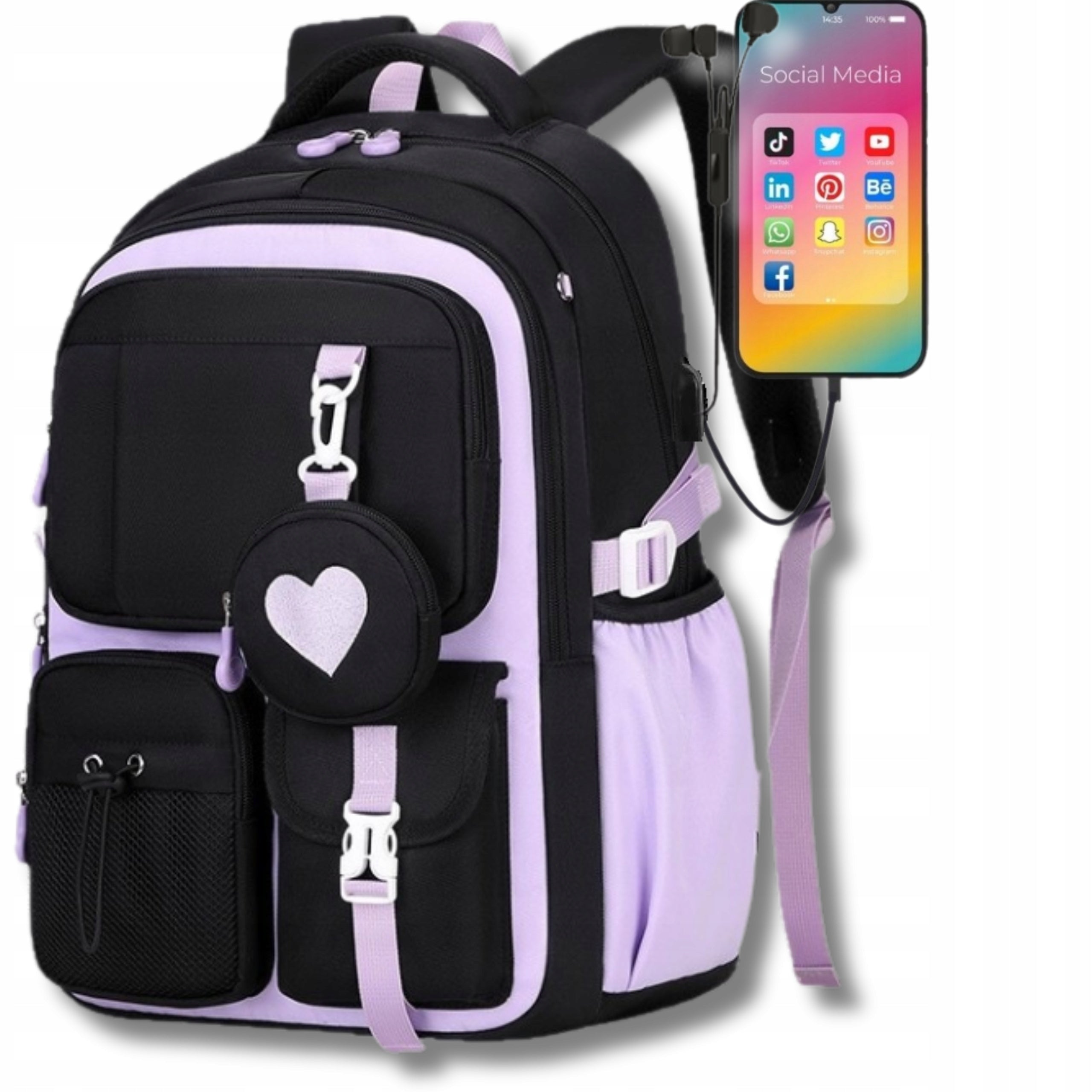 SCHOOL BACKPACK FOR GIRLS BLACK PENCIL CASE LUNCHBOX BREAKFAST HH 7in1 Manufacturer code PLECAK TORNISTER LUNCHBOX PIÓRNIK BERGENS