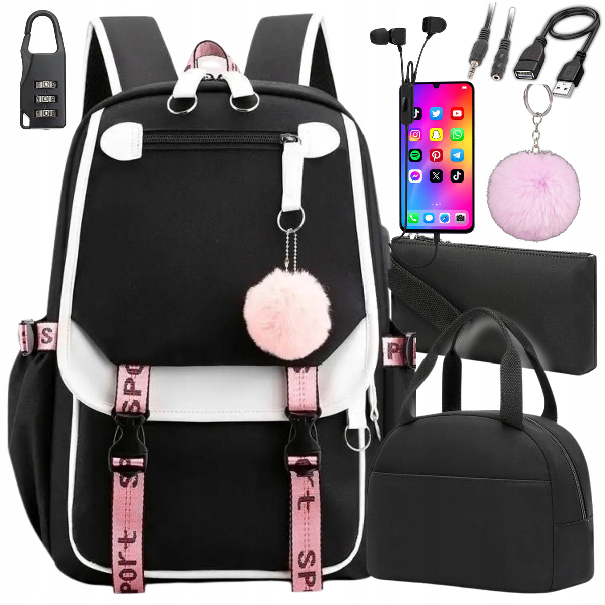 SCHOOL BACKPACK FOR SCHOOL YOUTH LUNCHBOX PENCIL CASE SATCHEL BiN 7in1