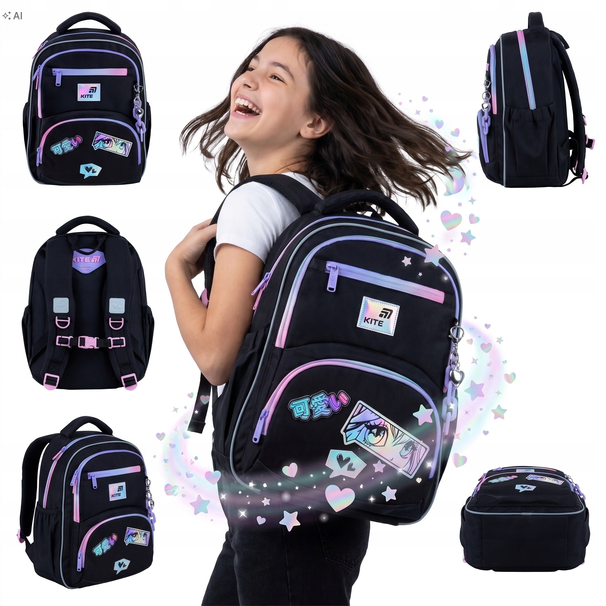 SCHOOL BACKPACK KITE FOR GIRLS BLACK ORTHOPEDIC 13L CLASS