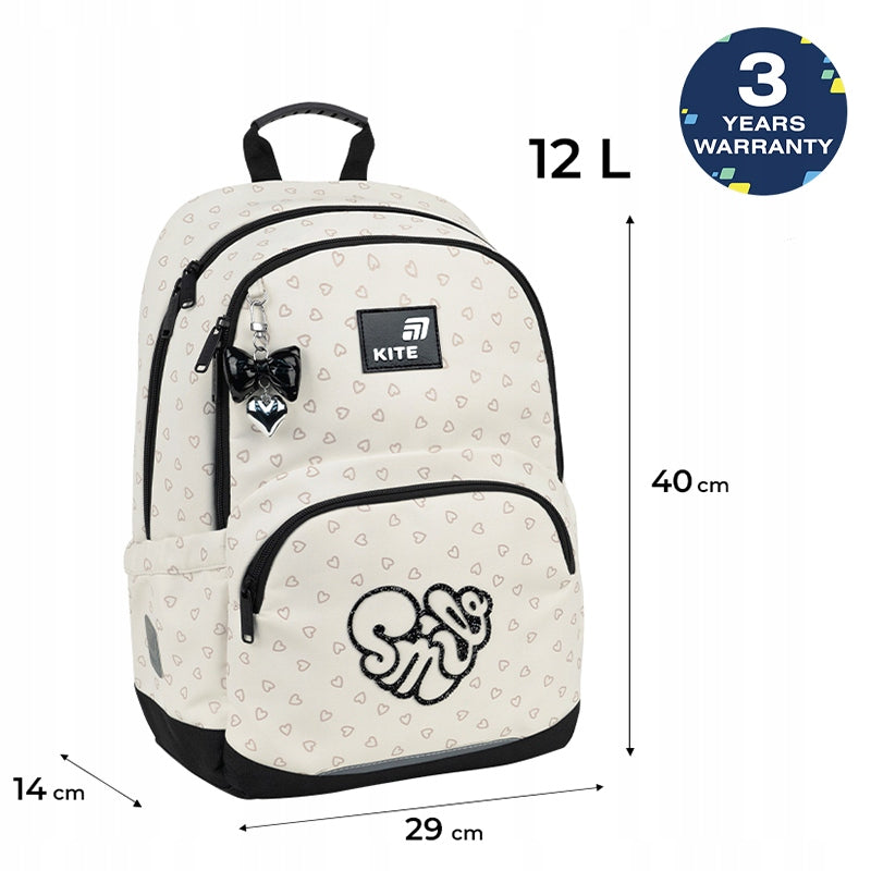 SCHOOL BACKPACK KITE girls up to 1-6th grade with chest strap BEIGE Manufacturer code K26-585M-2