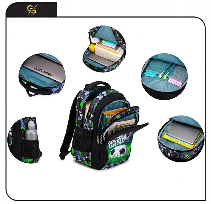SCHOOL BACKPACK LIGHTWEIGHT TROLLEY FOR BOY MULTI-COMPARTMENT FOOTBALL BALL Packaging status original