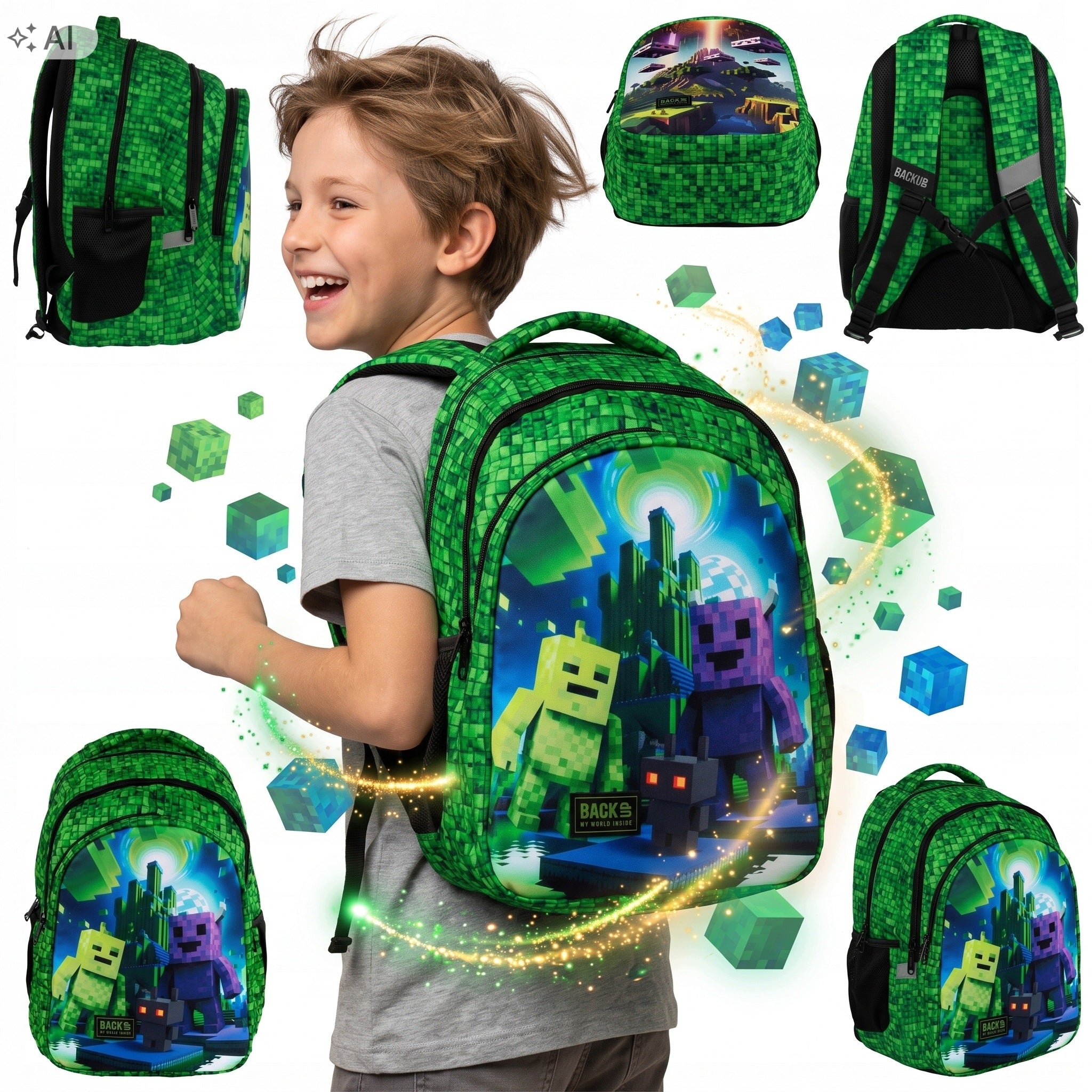 SCHOOL BACKPACK MINECRAFT BACK UP FOR BOY GREEN MULTI-CHAMBER GAMING