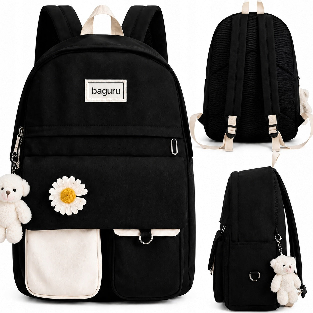 SCHOOL BACKPACK MULTI-CHAMBER SATCHEL FOR GIRLS LARGE WOMEN BLACK