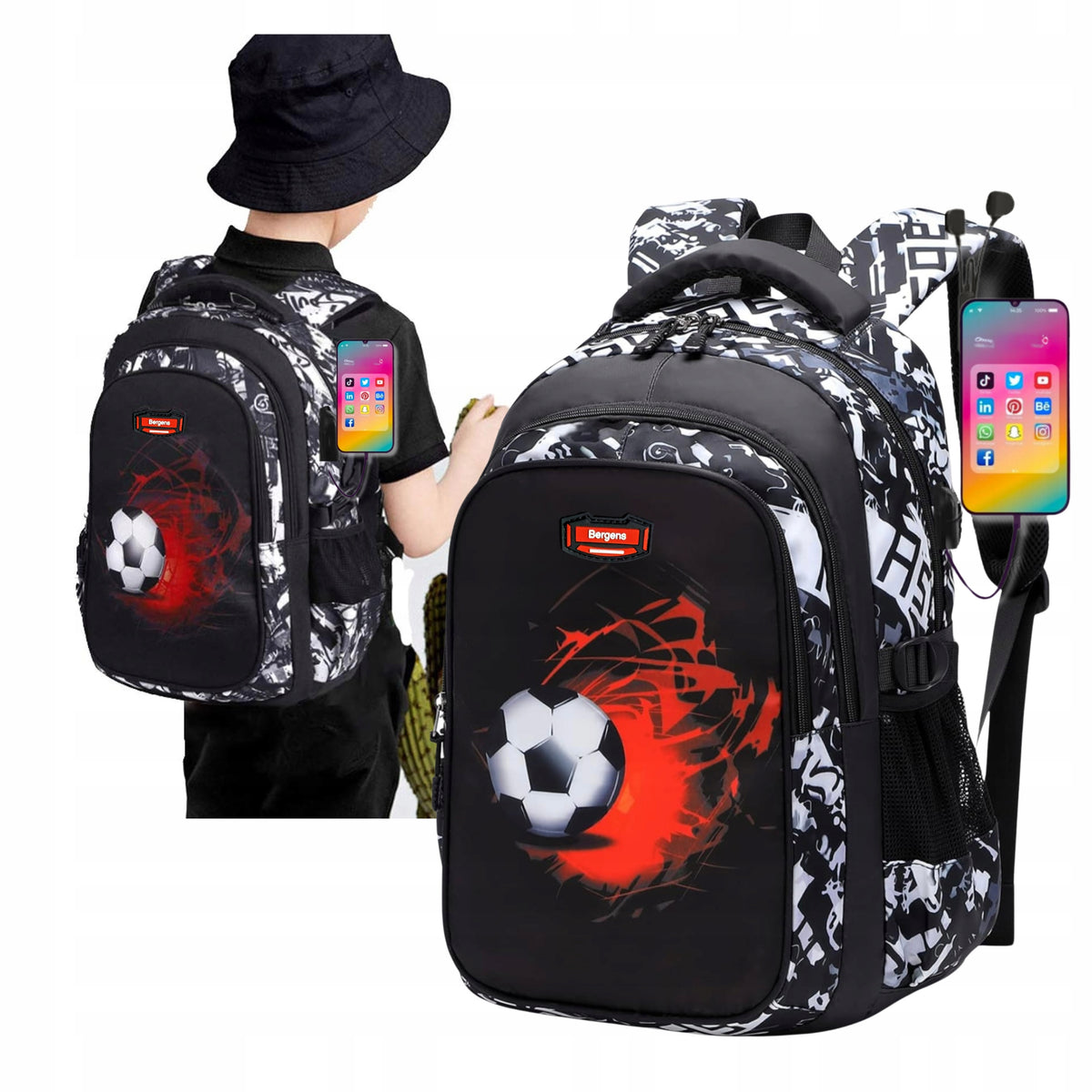 SCHOOL BACKPACK PENCIL CASE FOR BOY FOOTBALL SATCHEL YOUTH USB Brand Bergens