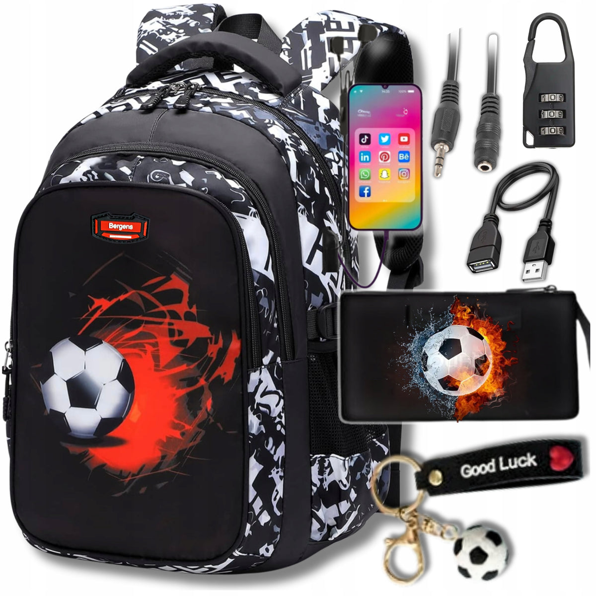 SCHOOL BACKPACK PENCIL CASE FOR BOY FOOTBALL SATCHEL YOUTH USB