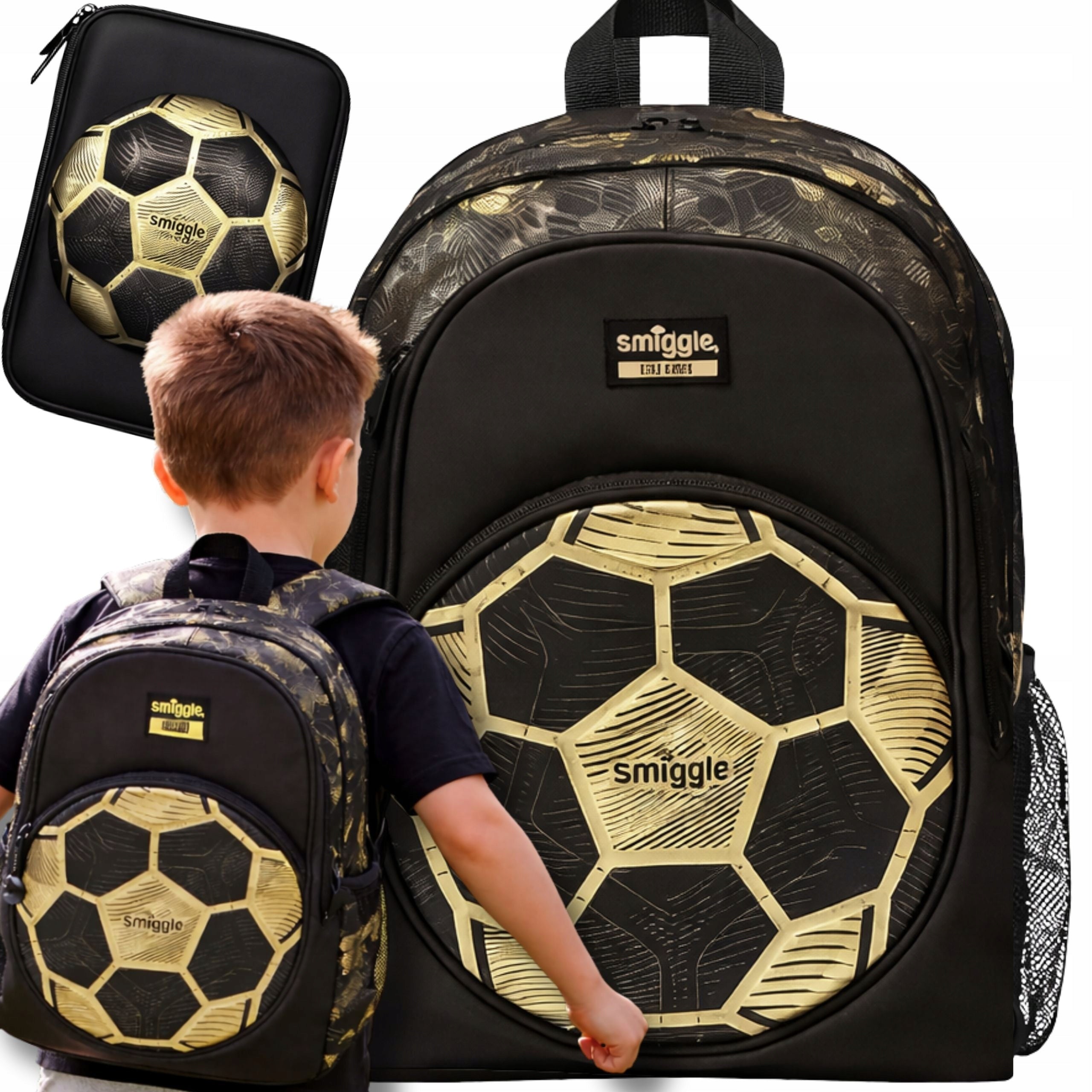 SCHOOL BACKPACK + PENCIL CASE GOLD FOOTBALL 3D FOR BOY PADDED LIGHT