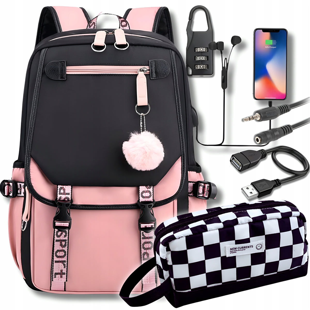 SCHOOL BACKPACK + PENCIL CASE SATCHEL FOR YOUTH SCHOOL MULTI-CHAMBER USB