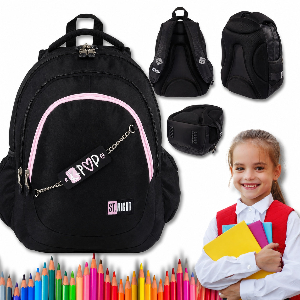 SCHOOL BACKPACK ST.RIGHT PINK K-POP 23L 4-CHAMBER BLACK WITH CHAIN