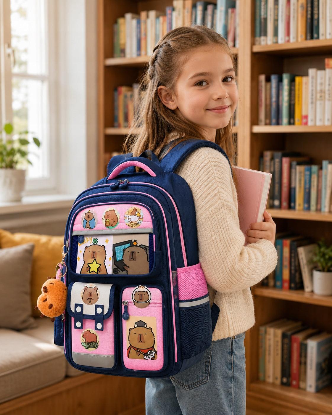 SCHOOL BACKPACK WITH CAPYBARA LARGE NAVY BLUE-PINK PENCIL CASE KEYCHAIN CLASS 3-6 Packaging status original