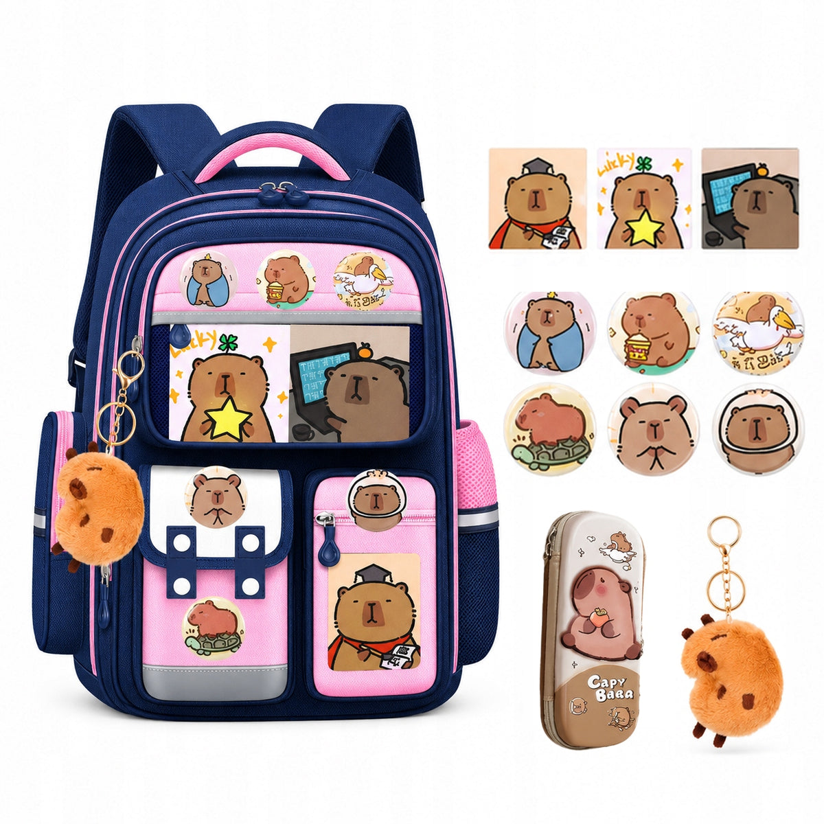 SCHOOL BACKPACK WITH CAPYBARA LARGE NAVY BLUE-PINK PENCIL CASE KEYCHAIN CLASS 3-6
