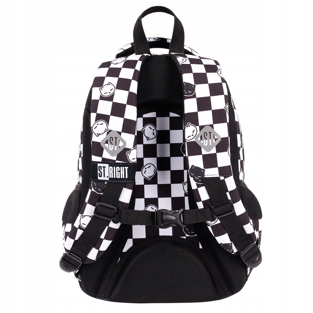 SCHOOL BACKPACK YOUTH 3-CHAMBER TRELLIS BLACK AND WHITE MAYAN CATS Manufacturer code PLECAK CHESS CATS