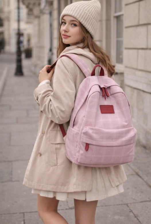 SCHOOL BACKPACK YOUTH CITY TO SCHOOL PINK CHECKERED LIGHT ROOMY Kind school