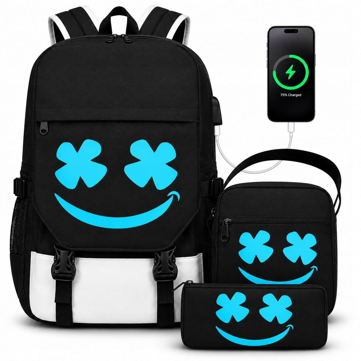 SCHOOL BACKPACK YOUTH GLOWING SATCHEL REFLECTIVE USB BAG PENCIL CASE