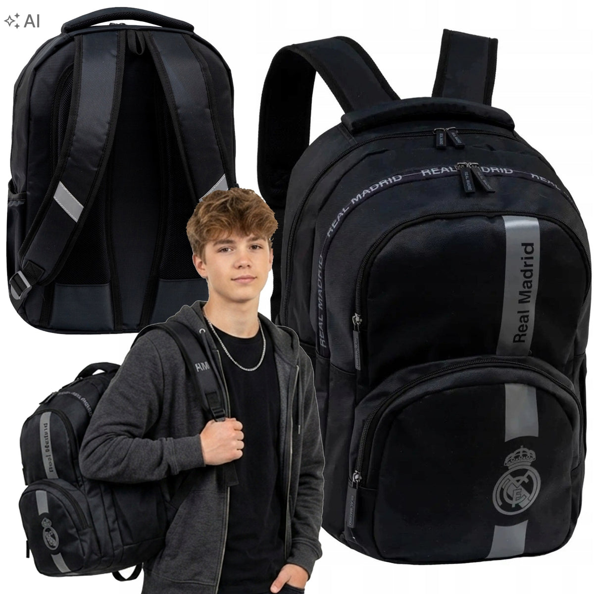 SCHOOL BACKPACK YOUTH REAL MADRID BLACK FOR BOY LARGE ROOMY 27L
