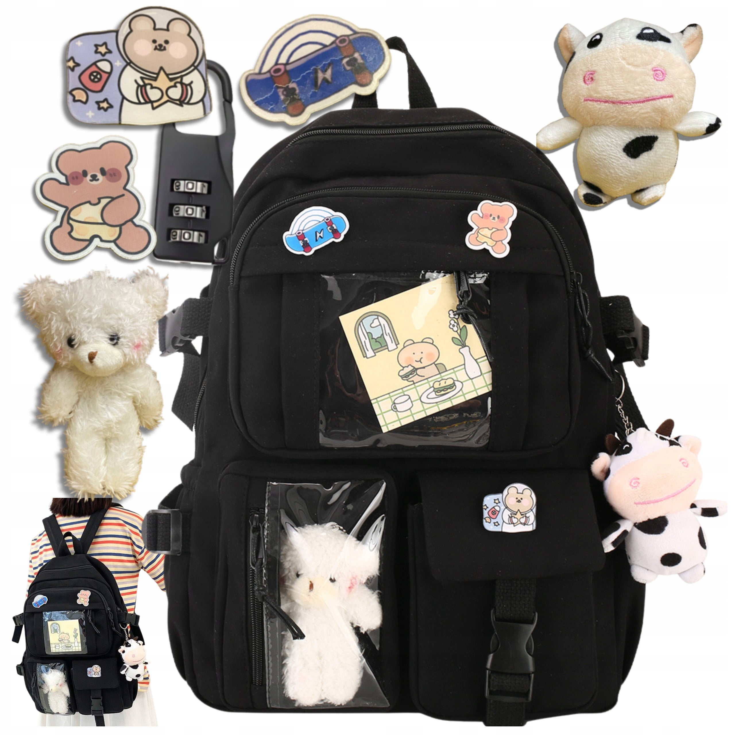 SCHOOL BACKPACK YOUTH SATCHEL FOR SCHOOL PINS PADLOCK BEAR