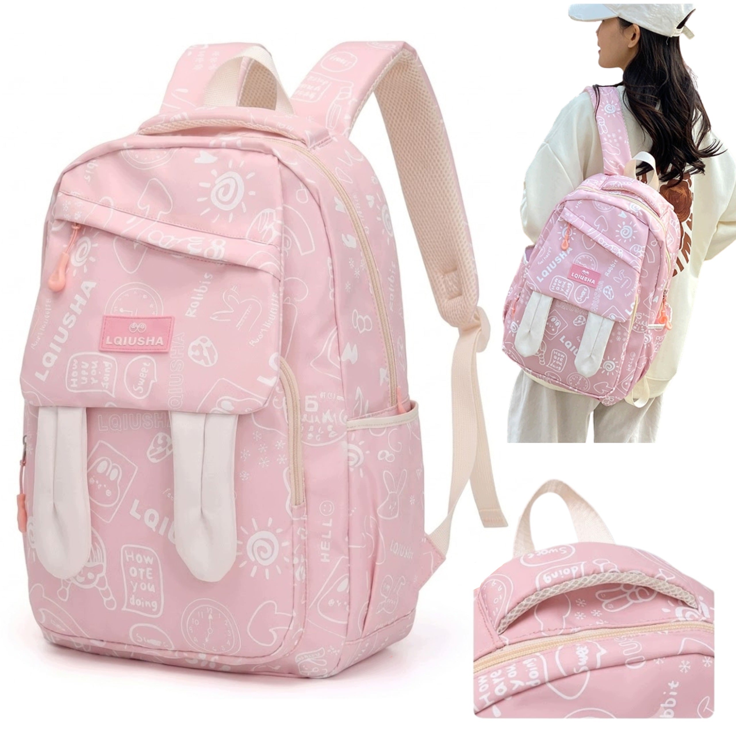 SCHOOL BACKPACK YOUTH SATCHEL GIRLS WITH BUNNY EARS
