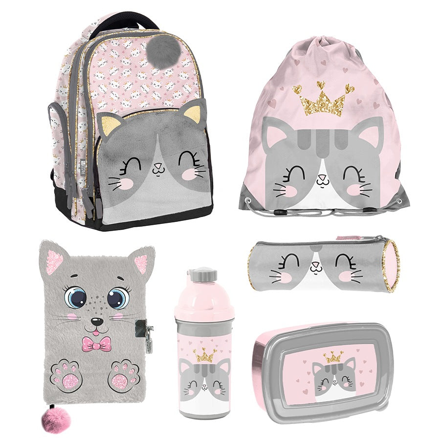 SCHOOL SET PASO KITTEN BACKPACK PENCIL CASE BAG WATER BOTTLE BREAKFAST DIARY