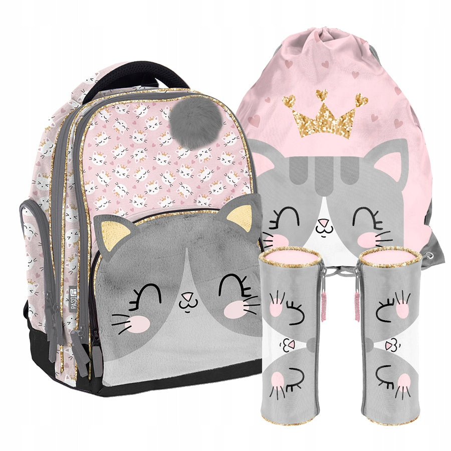 SCHOOL SET PASO KITTEN BACKPACK PLUSH PENCIL CASE BAG PINK GIRLS