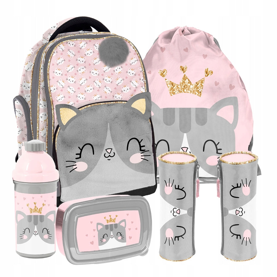 SCHOOL SET PASO KITTEN BACKPACK PLUSH PENCIL CASE BAG WATER BOTTLE BREAKFAST